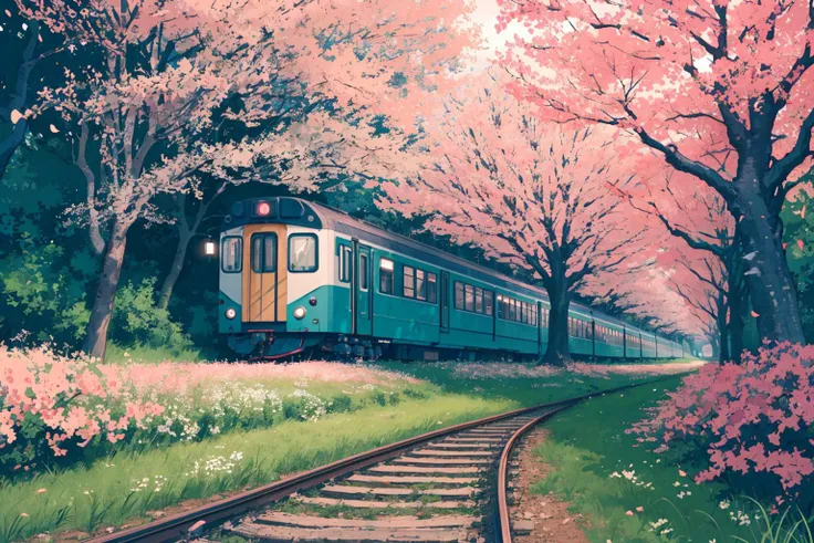 realistic, best quality, 8k uhd, dslr, soft lighting, high quality, film grain, raytracing, extremely detailed CG unity 8k wallpaper,
Japanese train, trees, grass, moss, mossy, cherry blossom, flowers, falling petals,
 <lyco:LohaWhiteDewStyle_lohaV10:1>