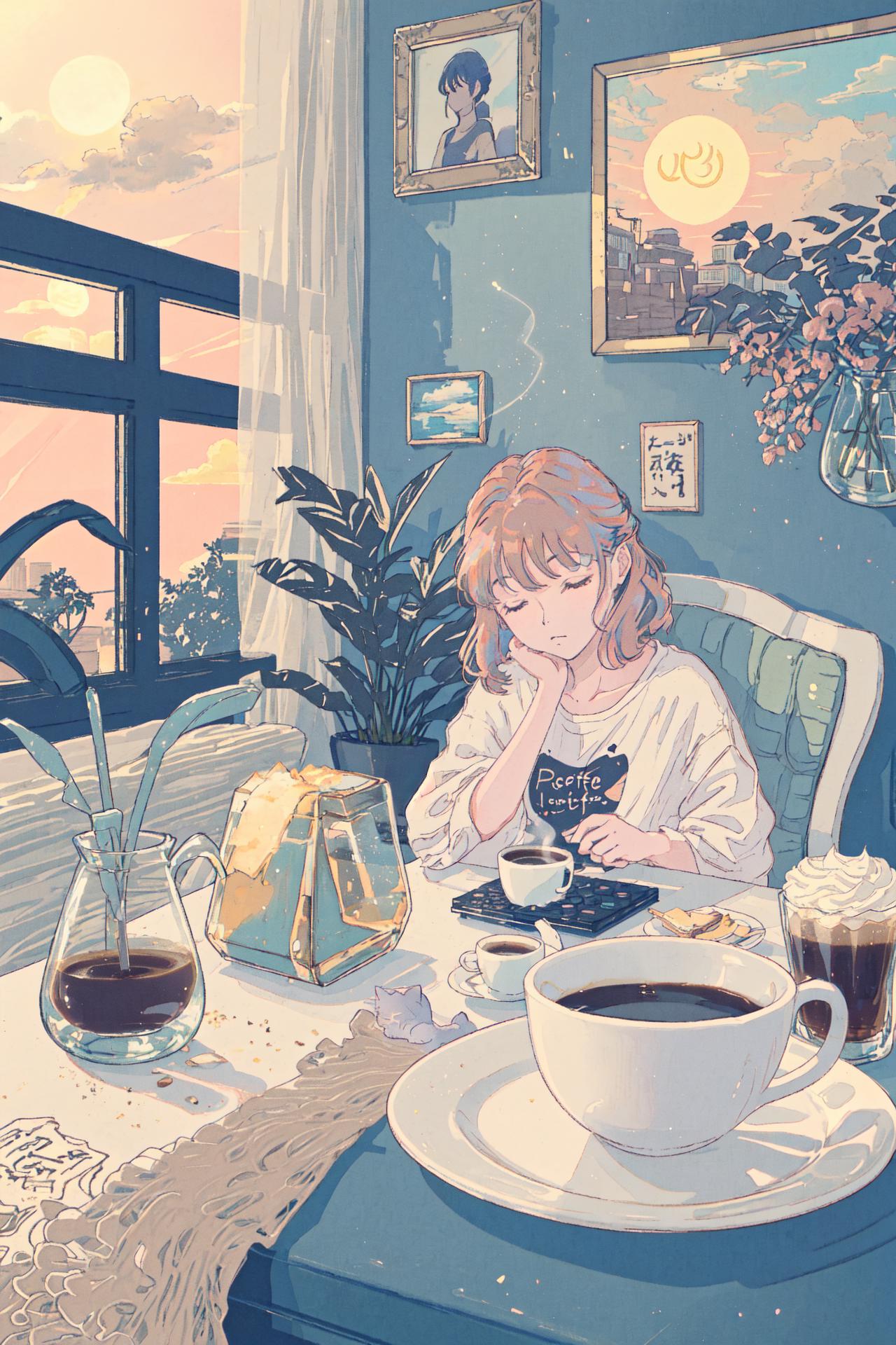 Anime girl sitting at a table with a cup of coffee and a plate of food ...