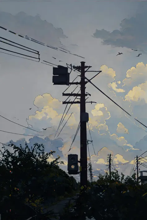 (utility pole:1.5), japan, neon, streets, plant, sky,wires,clouds,flying birds,colorful posters,(ligne claire:0.6),(((best quality))), (((masterpiece))), (((ultra-detailed)))  <lora:LohaWhiteDewStyle_lohaV10:0.9>