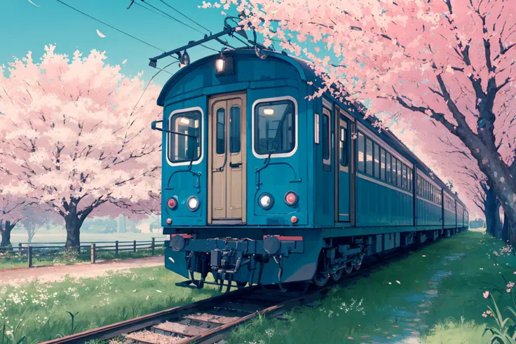 realistic, best quality, 8k uhd, dslr, soft lighting, high quality, film grain, raytracing, extremely detailed CG unity 8k wallpaper,
Japanese train, trees, grass, moss, mossy, cherry blossom, flowers, falling petals,
 <lyco:LohaWhiteDewStyle_lohaV10:1>