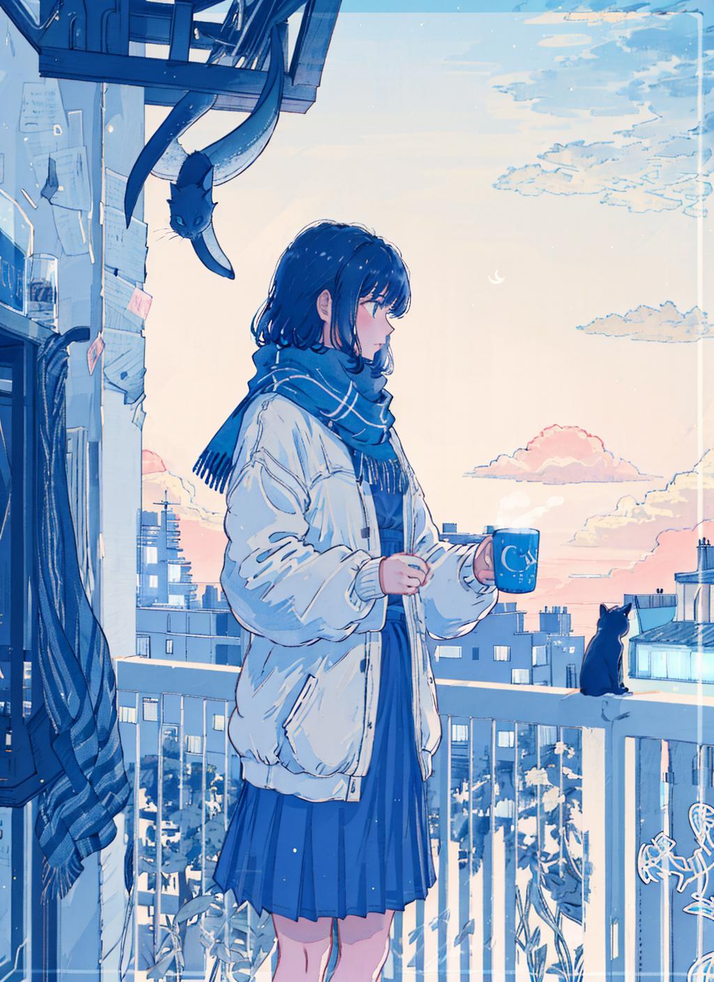 Anime girl standing on balcony with cup of coffee and cat - SeaArt AI