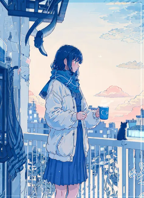 neon, 1girl, cat, scarf, skirt, sky, plant, cup, plaid, building, outdoors, black cat, potted plant, night, moon, crescent moon, solo, holding cup, black hair, plaid skirt, star (sky), sweater, scenery, city, holding, cloud, long sleeves, railing, night sky, steam, starry sky, blue scarf, short hair, blue skirt, balcony, standing, mug, cityscape, wide shot, skyscraper<lora:neon:1.1>