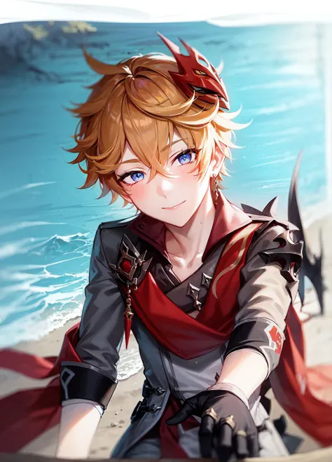 1boy, blue eyes, orange hair, short hair, red mask on head, grey clothing, black gloves, blue jewelry, red ribbon with red ornament, black leg ring, happy, closed mouth, looking at viewer, tartaglia \(genshin impact\), red earring, <lyco:childe8:0.8> water, ocean,