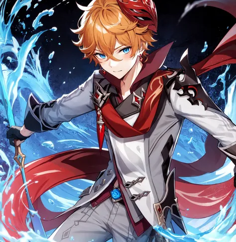 1boy, solo, orange hair, short hair, mask on head, red mask, grey coat, mask, half gloves, red scarf, single red earrings, tartaglia \(genshin impact\), grey pants, blue eyes, ruby on scarf, water, detail, super ditail skin, leg ring, stand, masterpiece, best quality, <lyco:tartagliaChildeGenshin_v20:0.7>, water sword,, masterpiece, best quality,