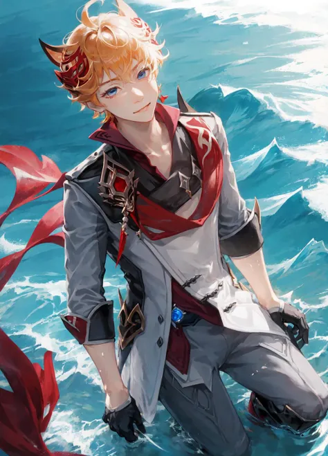 1boy, blue eyes, orange hair, short hair, red mask on head, grey clothing, black gloves, blue jewelry, red ribbon with red ornament, black leg ring, happy, closed mouth, looking at viewer, tartaglia \(genshin impact\), red earring, <lyco:childe8:0.8> water, ocean,