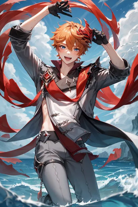 <lyco:childe8:0.8>
1boy, solo, blue eyes, orange hair, short hair, red mask on head, grey clothing, black gloves, blue jewelry, water, ocean, red ribbon with red ornament, black leg ring, happy, open mouth, looking at viewer, tartaglia \(genshin impact\)