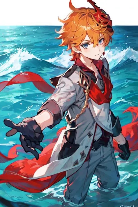 <lyco:childe8:0.8>
1boy, solo, blue eyes, orange hair, short hair, red mask on head, grey clothing, black gloves, blue jewelry, water, ocean, standing, looking at viewer,