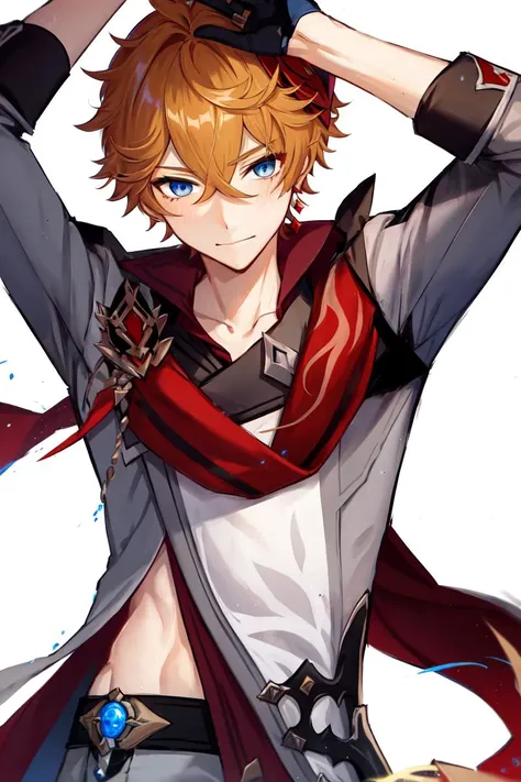 1boy, solo, orange hair, short hair, mask on head, red mask, grey coat, mask, red scarf, single red earrings, tartaglia \(genshin impact\), blue eyes, ruby on scarf, detail, super ditail skin, stand, half gloves, look at you, grey pants,
masterpiece, best quality,<lora:tartagliav5:0.75>, muscle, navel,, masterpiece, best quality,