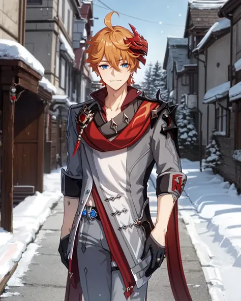 1boy, solo, orange hair, short hair, blue eyes, grey clothing, red ribbon with red ornament, black gloves, red mask on head, red earring, blue jewelry, tartaglia \(genshin impact\), standing, closed mouth, outdoors, happy, black leg ring, winter,
<lyco:childe8:0.8>, <hypernet:ufov3:0.4>