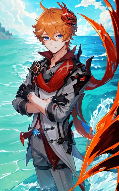 <lyco:childe8:0.8>
1boy, blue eyes, orange hair, short hair, red mask on head, grey clothing, black gloves, blue jewelry, water, ocean, red ribbon with red ornament, black leg ring, happy, closed mouth, looking at viewer, tartaglia \(genshin impact\)