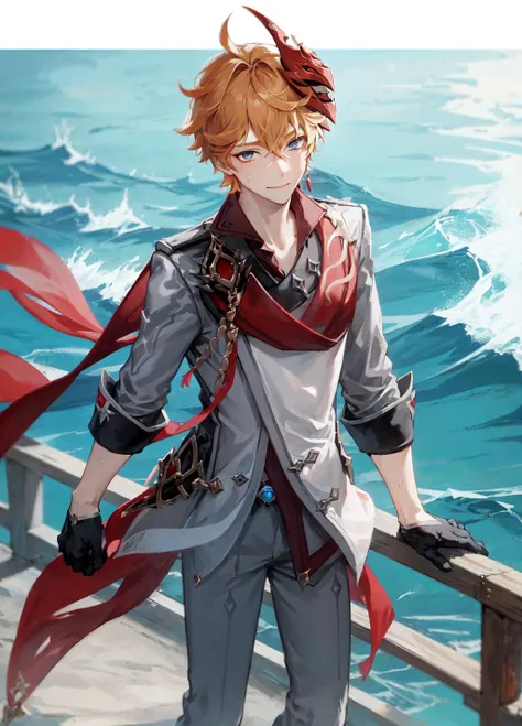1boy, blue eyes, orange hair, short hair, red mask on head, grey clothing, black gloves, blue jewelry, red ribbon with red ornament, black leg ring, happy, closed mouth, looking at viewer, tartaglia \(genshin impact\), red earring, <lyco:childe8:0.8> water, ocean,