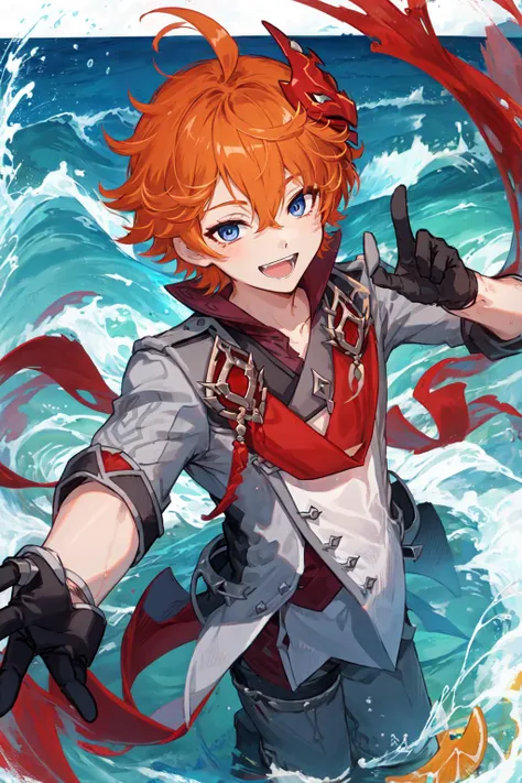 <lyco:childe8:0.8>
1boy, solo, blue eyes, orange hair, short hair, red mask on head, grey clothing, black gloves, blue jewelry, water, ocean, red ribbon with red ornament, black leg ring, happy, open mouth, looking at viewer,