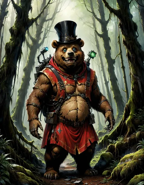 famous artwork (by paul bonner:1.2), detailed expressive eyes, fantasy style, the gross jabberBear, a mischievous monster, often donning a top hat and perpetually grinning, snarblifies along a recoddermented path in the dense forest of gnarled moss-covered slormspiggled indorgeffle, unfazed by the dangerously flibbering clouds above on his home planet juckman prime, (wide angle:1.3, full body shot:1.3), dark sci-fi. Mechanicus techno-cultist in techno gothic temple, washed up red flowing modest ornate hooded techno-priestess dress (made from black circuit board), (face-covered:1.2) techno-cultist mask, (multiple:1.2) arms, (mechanical tentacle arm) with claws,   mechanical (green:1.1) eyes, half skull half cog, rust, dirty red robes with oil stains, asymmetrical, (respirator:1.1), massive (backpack:1.2) with arms, gothic, (Oil painting) (by Jean-François Millet), (by Gustave Courbet) , (by Jules Breton)  <lora:Mechanicus-000005:0.8> , , <lora:add-detail-xl:2.5>,