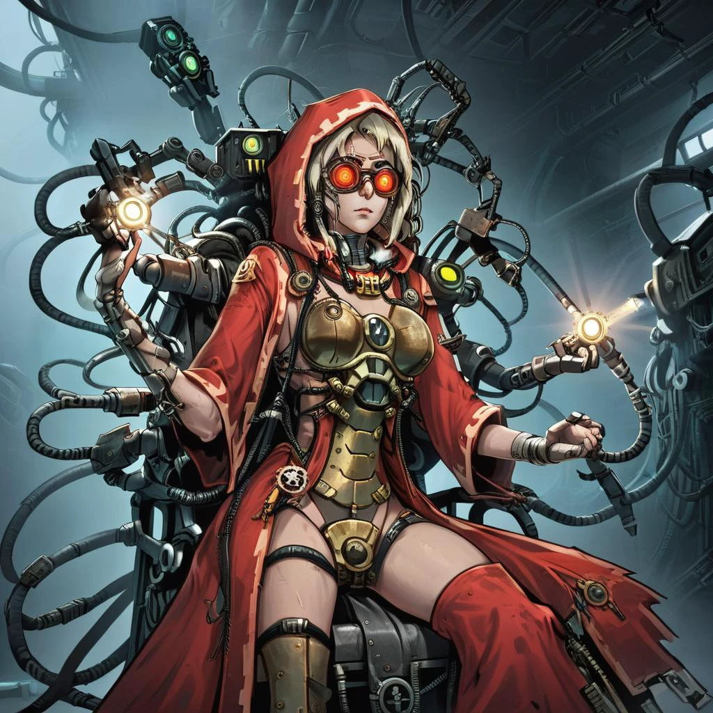 (retro anime style,flat color,high detail:1.1),1girl,((solo)),mechanicus,mature female,female techpriest,a 30 y.o woman with short champagne colored hair wearing a red bodysuit,small breasts,sitting on a metal command chair,hands on armrests,blank expression,wearing giant metal goggles,,numerous cables attached to body,in cramped dieselpunk engine room,full body,hood down, <lora:Mechanicus:1>