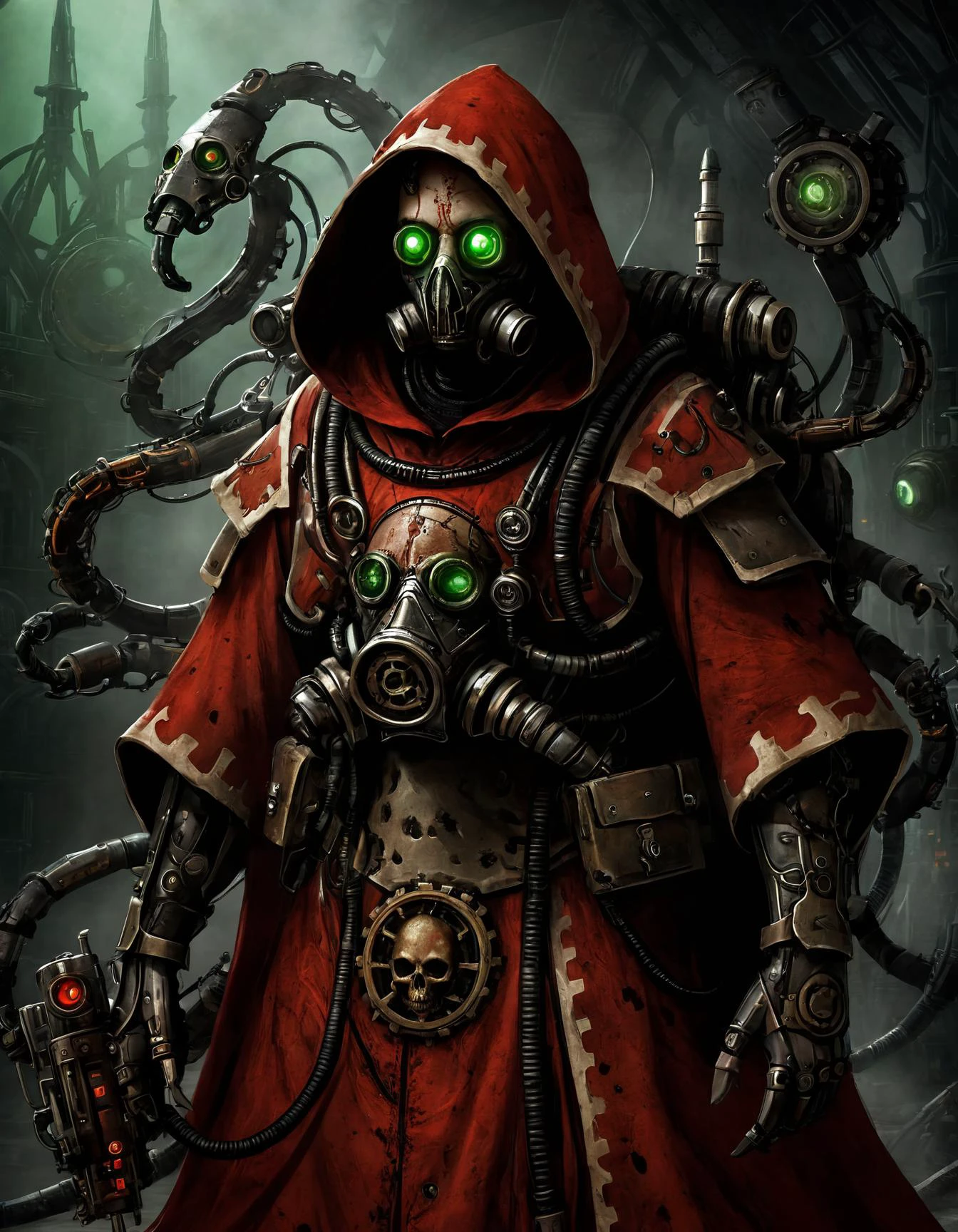 (wide angle:1.3, full body shot:1.3), dark sci-fi. Mechanicus techno-cultist in techno gothic temple, washed up red flowing modest ornate hooded techno-priestess dress (made from black circuit board), (face-covered:1.2) techno-cultist mask, (multiple:1.2) arms, (mechanical tentacle arm) with claws, mechanical (green:1.1) eyes, half skull half cog, rust, dirty red robes with oil stains, asymmetrical, (respirator:1.1), massive (backpack:1.2) with arms, gothic <lora:Mechanicus-000005:0.7> , , <lora:add-detail-xl:2.5>, best quality, masterpiece, perfect anatomy, highres, ultra-detailed, 8k wallpaper, illustration, texture, detail, unique, aesthetics, HDR, extremely detailed CG, beautiful detailed eyes, dynamic lighting, cinematic lighting, perfect face, ray tracing