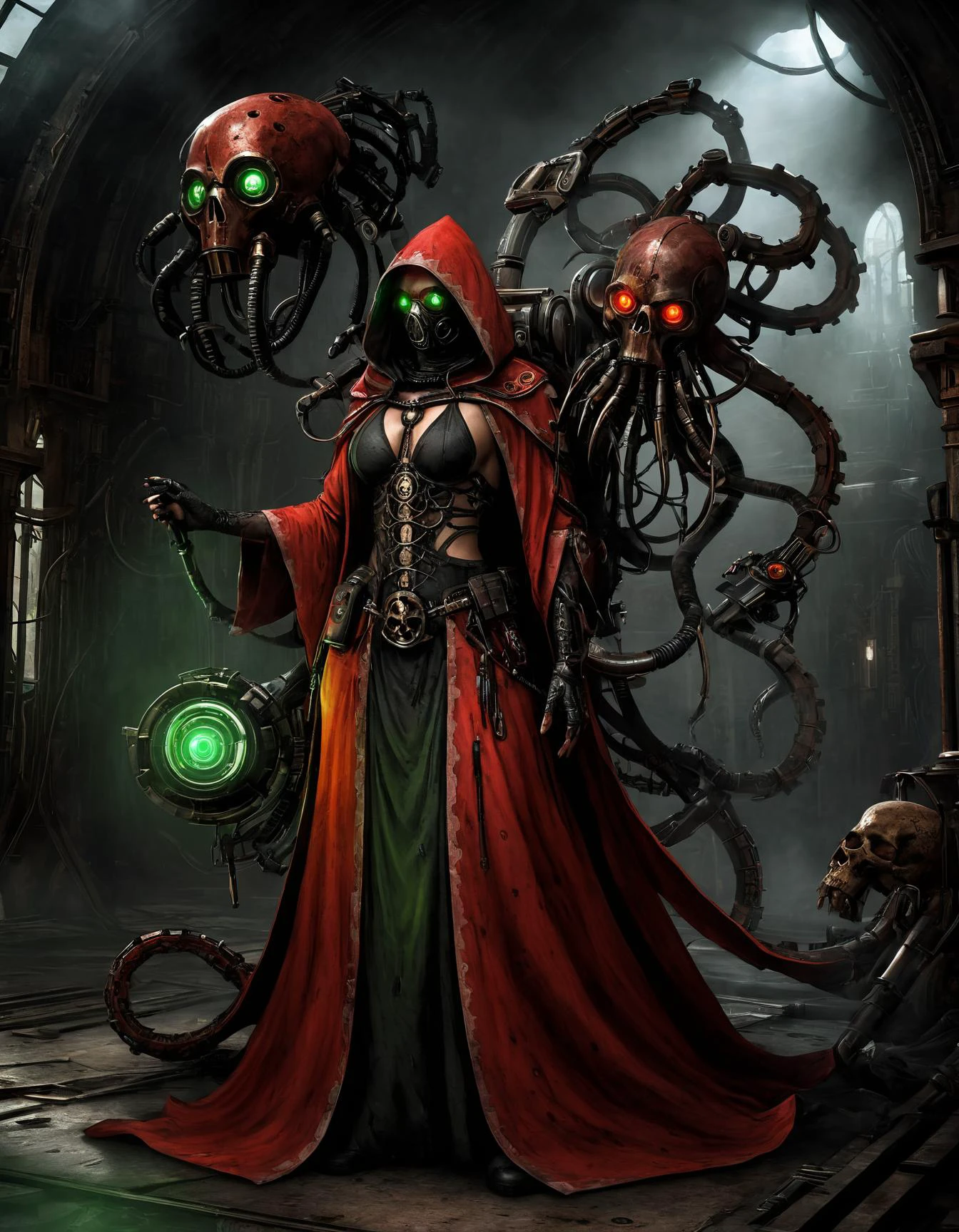 (wide angle:1.3, full body shot:1.3), dark sci-fi. Mechanicus techno-cultist in techno gothic temple, washed up red flowing modest ornate hooded techno-priestess dress (made from black circuit board), (face-covered:1.2) techno-cultist mask, (multiple:1.2) arms, (mechanical tentacle arm) with claws, mechanical (green:1.1) eyes, half skull half cog, rust, dirty red robes with oil stains, asymmetrical, (respirator:1.1), massive (backpack:1.2) with arms, gothic <lora:Mechanicus-000005:0.7> , , <lora:add-detail-xl:2.5>, best quality, masterpiece, perfect anatomy, highres, ultra-detailed, 8k wallpaper, illustration, texture, detail, unique, aesthetics, HDR, extremely detailed CG, beautiful detailed eyes, dynamic lighting, cinematic lighting, perfect face, ray tracing