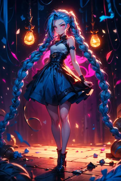 jinx, Draw a light on a blue, faced k-pop girl, (masterpiece:1.2),hi-res,4k,extremely delicate and beautiful art,pastel color,jinx_/(league of legends/), pink eyes, blue hair, [twin braids] full body,standing, portrait