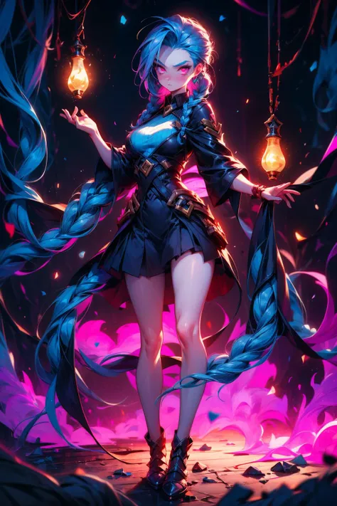 jinx, Draw a light on a blue, faced k-pop girl, (masterpiece:1.2),hi-res,4k,extremely delicate and beautiful art,pastel color,jinx_/(league of legends/), pink eyes, blue hair, [twin braids] full body,standing, portrait