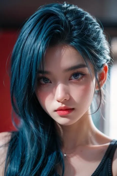 jinx, Draw a light on a blue, faced k-pop girl's face, (masterpiece:1.1),hi-res,4k,extremely delicate and beautiful art,pastel color,anime,beautiful detailed eyes,1 anime girl, in the style of dark Fluorescent, (light on red and blue), light bronze and indigo, lith printing, over, high contrast,Blink and miss details, Unique angle of view