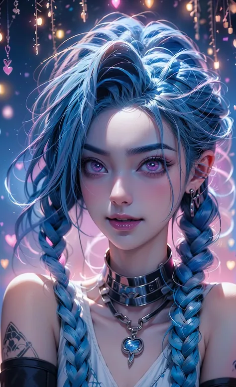 jinx, Draw a light on a blue, faced k-pop girl, (masterpiece:1.2),hi-res,4k, extremely delicate and beautiful art,pastel color,jinx_/(league of legends/), pink eyes, blue hair, [twin braids] full body,standing, portrait <lora:20231106-1699273422738:0.8> <lora:liuli3-000005_0.5_EXCEPTFACE+liuli2_0.3:0.4> <lora:dreamSpace:0.4> <lora:add_detail:0.5>