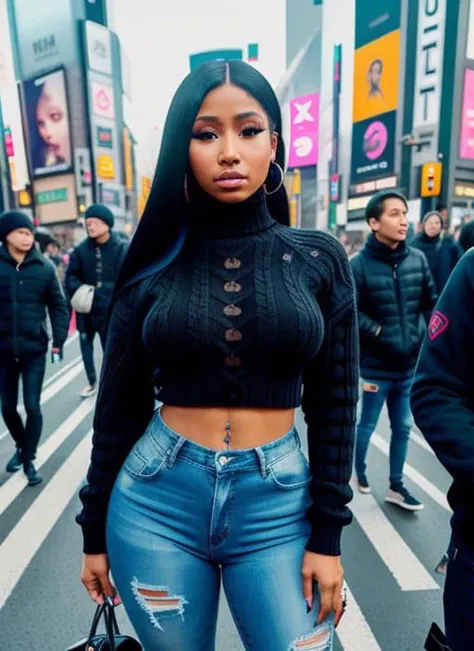 black woman, nicki minaj, tatto, iso200, photography, (detailed skin:1.2), wearing a tight sweater and jeans at shibuya crossing at night