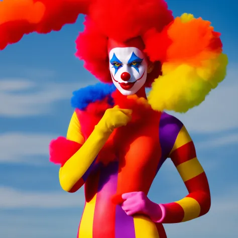 A medium shot of a supermodel (TVClown) dressed in a flamboyant costume standing and big red clown nose, sexy, lustful. Big boobs, large breasts