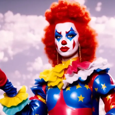 A high quality (extreme close up) of an TVClown in a elaborate regal-looking clown costume with latex accents, high quality movie still, blueray, white gloves