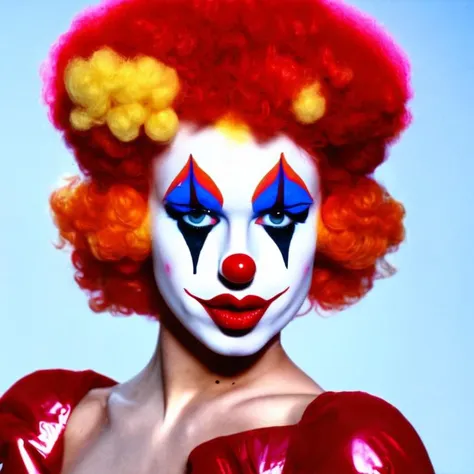 A high quality closeup of a naked supermodel dressed as a TVClown, white skin