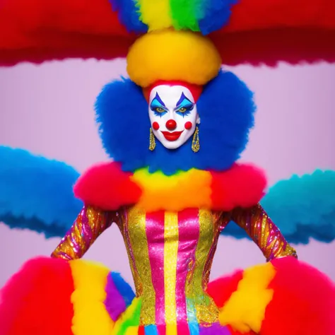 A closeup of a supermodel (TVClown) dressed in a flamboyant Queen costume, sitting in a throne. sexy, lustful. Big boobs, large breasts