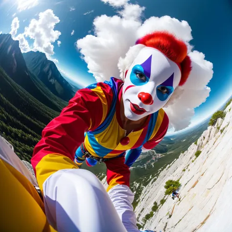 GOPRO shot of a male TVClown <lora:tvclownlora:1> wearing climbing gear, white gloves, action shot, white face, 1man, solo <lora:epiNoiseoffset_v2:1>