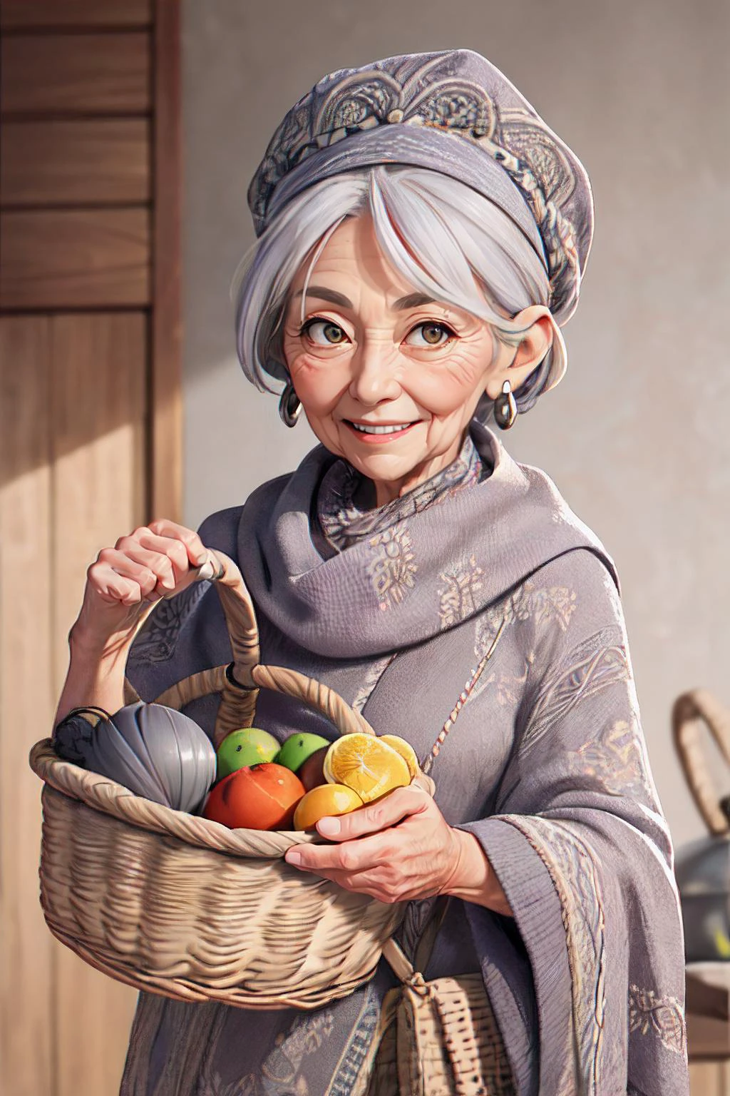 ultra detailed, sharp focus, best quality, masterpiece, colorful, 1 old woman, elderly grandma, grey hair, amber eyes, wide smile, holding a basket, shawl around the head, looking at the viewer, bending forward, gym background, best quality, masterpiece, intricate details