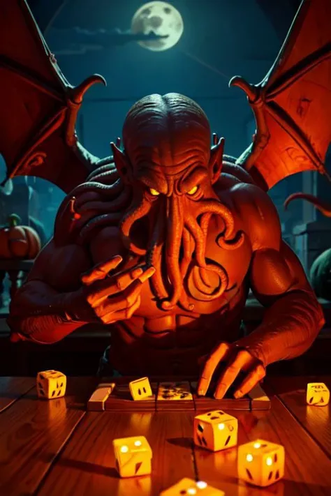 Cthulhu is a pumpkin monster among candy candles and dice, on a ship playing a board game with a vampire, bats flying around, in the steampunk style of the 19th century