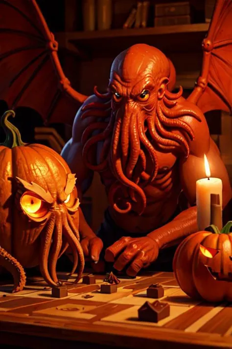 Cthulhu is a pumpkin monster among candy candles and dice, on a ship playing a board game with a vampire, bats flying around, in the steampunk style of the 19th century