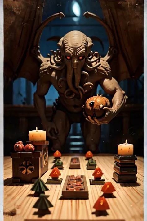 Cthulhu is a pumpkin monster among candy candles and dice, on a ship playing a board game with a vampire, bats flying around, in the steampunk style of the 19th century
