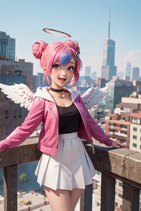 (masterpiece:1.2), best quality,fantasy,
(anime),masterpiece, best quality, 1girl, solo, looking_at_viewer, smile, open_mouth, skirt, shirt, hair_ornament, pink_hair, jacket, pink_hair, multicolored_hair, pleated_skirt, wings, choker, hairclip, hood, pink_eyes, hair_bun, chibi, black_shirt, double_bun, black_choker, blush, white_skirt, feathered_wings, angel_wings, white_wings, sky, flying, halo, hand up, skyscraper, angel, from top, cityscape, scenery, yellow bae,(HDR:1.4)
<lora:UE_20230717224732-000003:0.6>