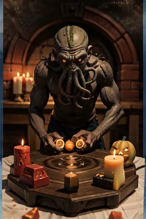 Cthulhu is a pumpkin monster among candy candles and dice, on a ship playing a board game with a vampire, bats flying around, in the steampunk style of the 19th century