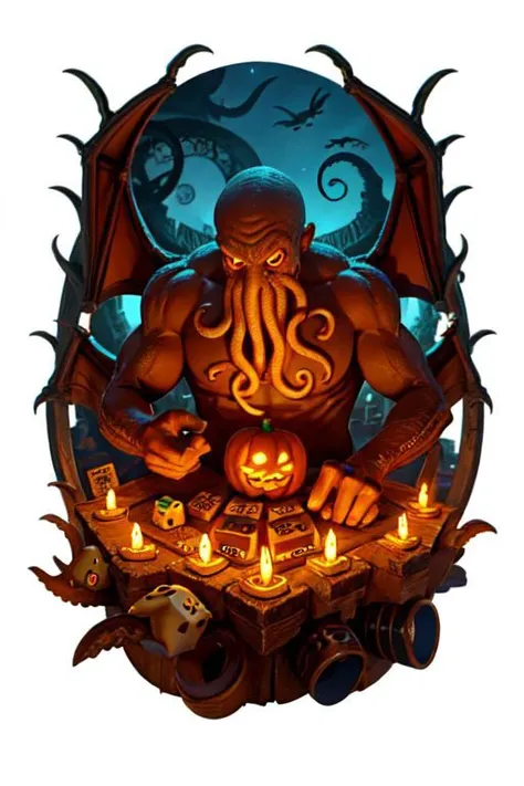 Cthulhu is a pumpkin monster among candy candles and dice, on a ship playing a board game with a vampire, bats flying around, in the steampunk style of the 19th century
