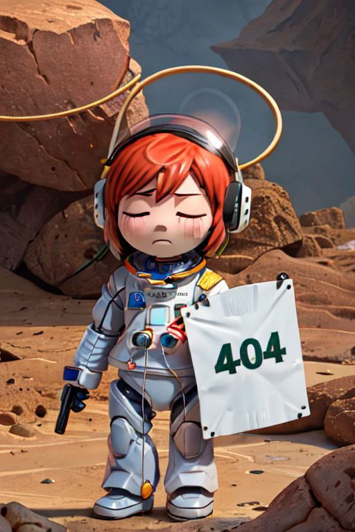 (Dowhearted sad chibi robot crying) (holding a sign with the word "404" written on it): (astronaut helmet), (Barren landscape planet)