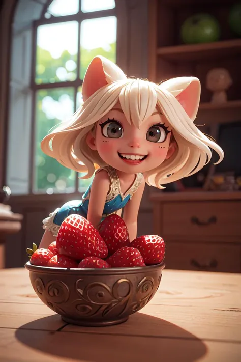 very cute appealing anthropomorphic strawberry,looking at the viewer,big grin,happy,fruit,berry,droplets,macro,sunlight,fantasy art,dynamic composition,dramatic lighting,epic realistic,award winning illustration, 3d render, cgi, symetrical, octane render, 35mm, bokeh, (intricate details:1.12), hdr, (intricate details, hyperdetailed:1.15)