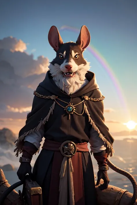 (masterpiece:1.2),  an awarded photography of Tretch Craventail - A devious Skaven chieftain with a long, rat-like tail and clad in tattered robes., at Rainbow: A stunning arch of colors across the sky, created by the dispersion of sunlight in raindrops. , masterpiece, ultrasharp, depth of field and boekh, best quality,