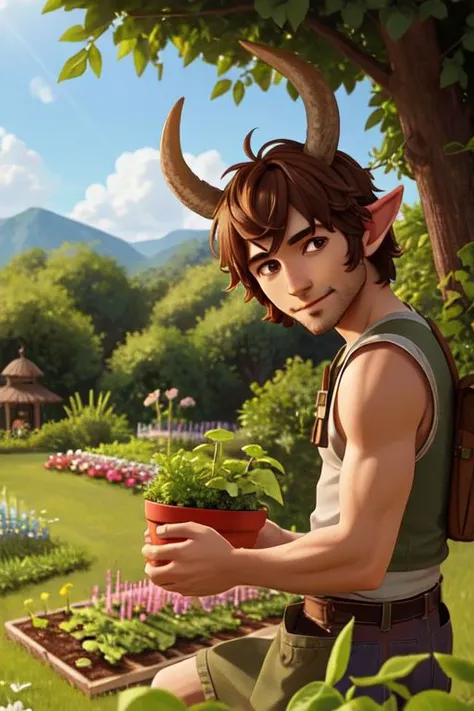 a cute faun, man, 35 years old, horns, looking at the viewer, within a lush vegetable garden, open landscape, wide landscape, bright light, realistic, masterpiece, detailed