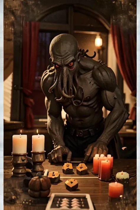 Cthulhu is a pumpkin monster among candy candles and dice, on a ship playing a board game with a vampire, bats flying around, in the steampunk style of the 19th century