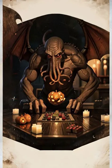 Cthulhu is a pumpkin monster among candy candles and dice, on a ship playing a board game with a vampire, bats flying around, in the steampunk style of the 19th century