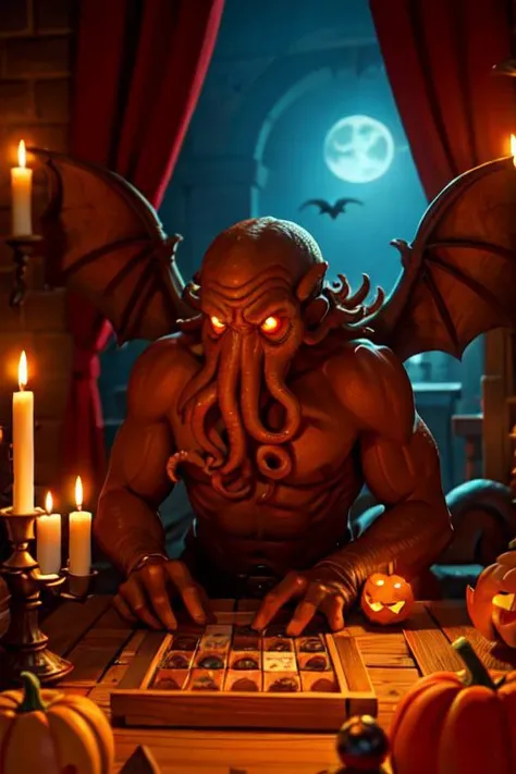 Cthulhu is a pumpkin monster among candy candles and dice, on a ship playing a board game with a vampire, bats flying around, in the steampunk style of the 19th century