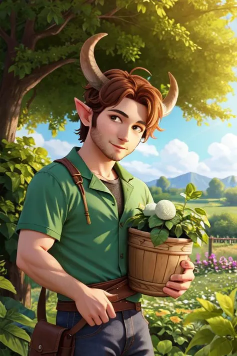a cute faun, man, 35 years old, horns, looking at the viewer, within a lush vegetable garden, open landscape, wide landscape, bright light, realistic, masterpiece, detailed