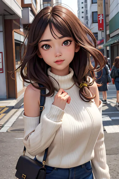 (huge titãTurtleneck knitwearãShoulder Bag)ã(top-quality,âmasterpiece:1.3,è¶
A high resolution,),(ultra-detailliert,Caustics),(Photorealsitic:1.4,RAW shooting,)Ultra-realistic capture,A highly detailed,high-definition16Kfor human skinã Skin texture is naturalããThe skin looks healthy with an even toneã Use natural light and color,One Woman,japanes,,kawaii,A dark-haired,Middle hair,(depth of fieldsãchromatic abberationããWide range of lightingãNatural Shadingã)ã(Hair swaying in the wind:1.2)ãStreets of Tokyo