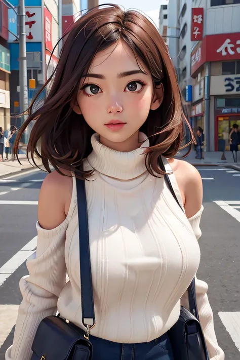 (huge titãTurtleneck knitwearãShoulder Bag)ã(top-quality,âmasterpiece:1.3,è¶
A high resolution,),(ultra-detailliert,Caustics),(Photorealsitic:1.4,RAW shooting,)Ultra-realistic capture,A highly detailed,high-definition16Kfor human skinã Skin texture is naturalããThe skin looks healthy with an even toneã Use natural light and color,One Woman,japanes,,kawaii,A dark-haired,Middle hair,(depth of fieldsãchromatic abberationããWide range of lightingãNatural Shadingã)ã(Hair swaying in the wind:1.2)ãStreets of Tokyo