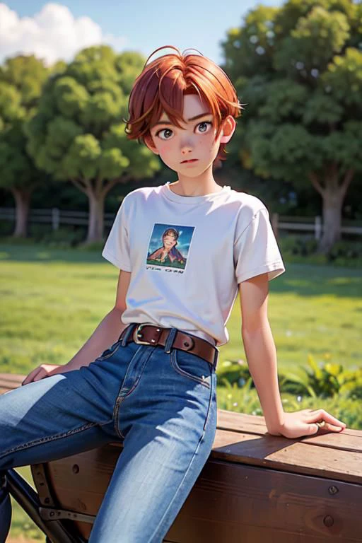 analog photo, a boy, 18yo, (flat chest):0.6, ginger hair, shiny skin, beautiful detailed face, beautiful detailed skin, detailed environment, detailed aquamarine eyes looking at viewer, a boy dressed at jeans sitting in the saddle on a horse, he is looking a little nervous, farm background, sweat:0.7, hyperrealistic,
BREAK,
Porta 160 color, shot on ARRI ALEXA 65, bokeh, sharp focus on subject, shot by Don McCullin, <lora:ReaLora:0.45> <lora:ShinyOiledSkin_v20-LyCORIS:0.2>