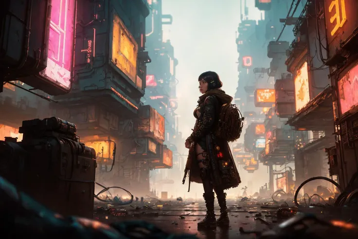 1girl, an 18 year old woman is lost and afraid, she is looking for a way home but can't seem to find the way home, gothic, surreal, emotional, matte painting, golden hour, 35mm, cinematic, 4k, highly detailed, photorealistic, volumetric lighting, dynamic, highly detailed, high budget, cinemascope, stained, epic, sharp focus, film grain, grainy, wide shot, style-rustmagic, (((cyberpunk:1, steampunk:1))), mist, bokeh
