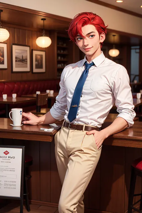 4K,  Masterpiece,  highres,  absurdres, ,  bishounen,  attractive man,  red hair,  white shirt,  blue tie,  standing,  sitting in a restaurant,  smiling seductively looking at the viewer